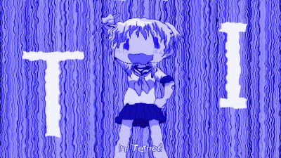 blue tinted gif with GIMP-wave-animations showing Miyako from Hidamari Sketch confidently raising her fist in cheer and triumph (subtitles: In! Ternet!) (background text: IT).